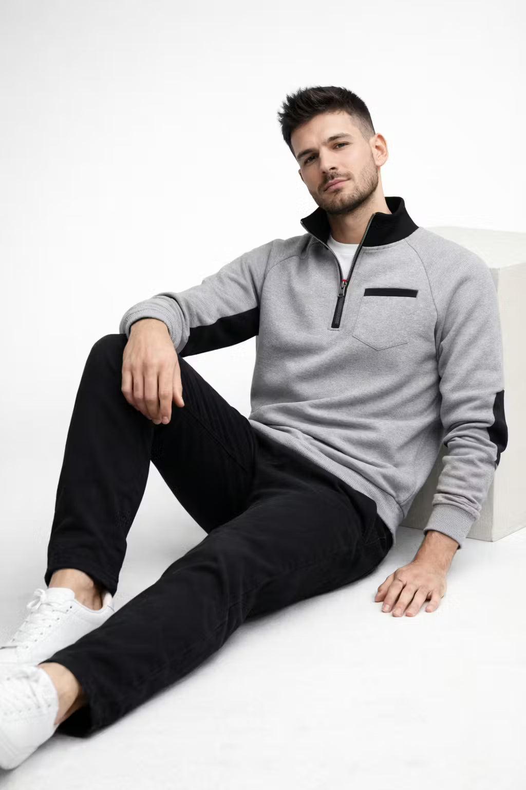 Men’s Quarter Zip Long Sleeve Pullover with Patched Elbows