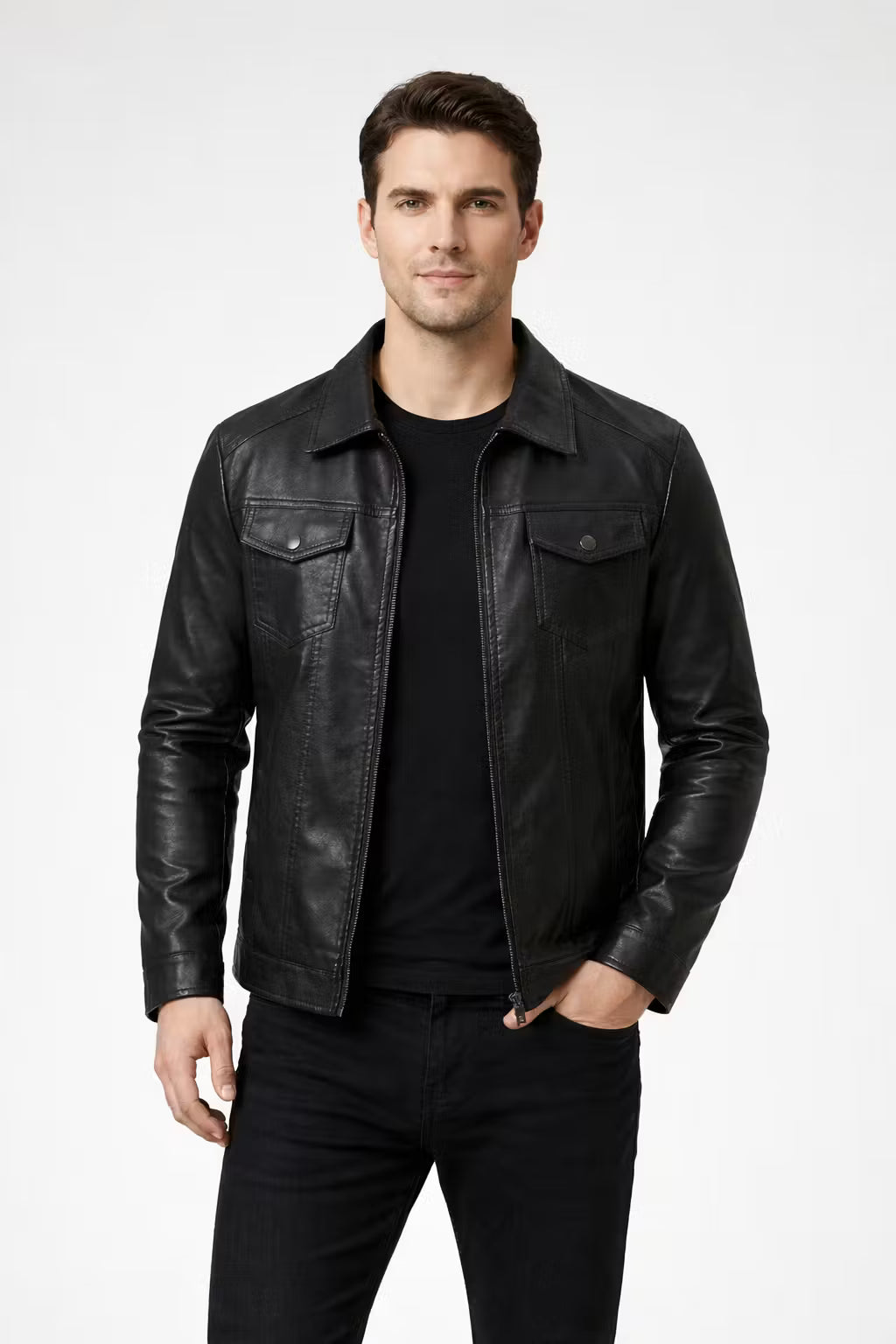 Men’s Black Coated Textile Zip Jacket with Structured Panel