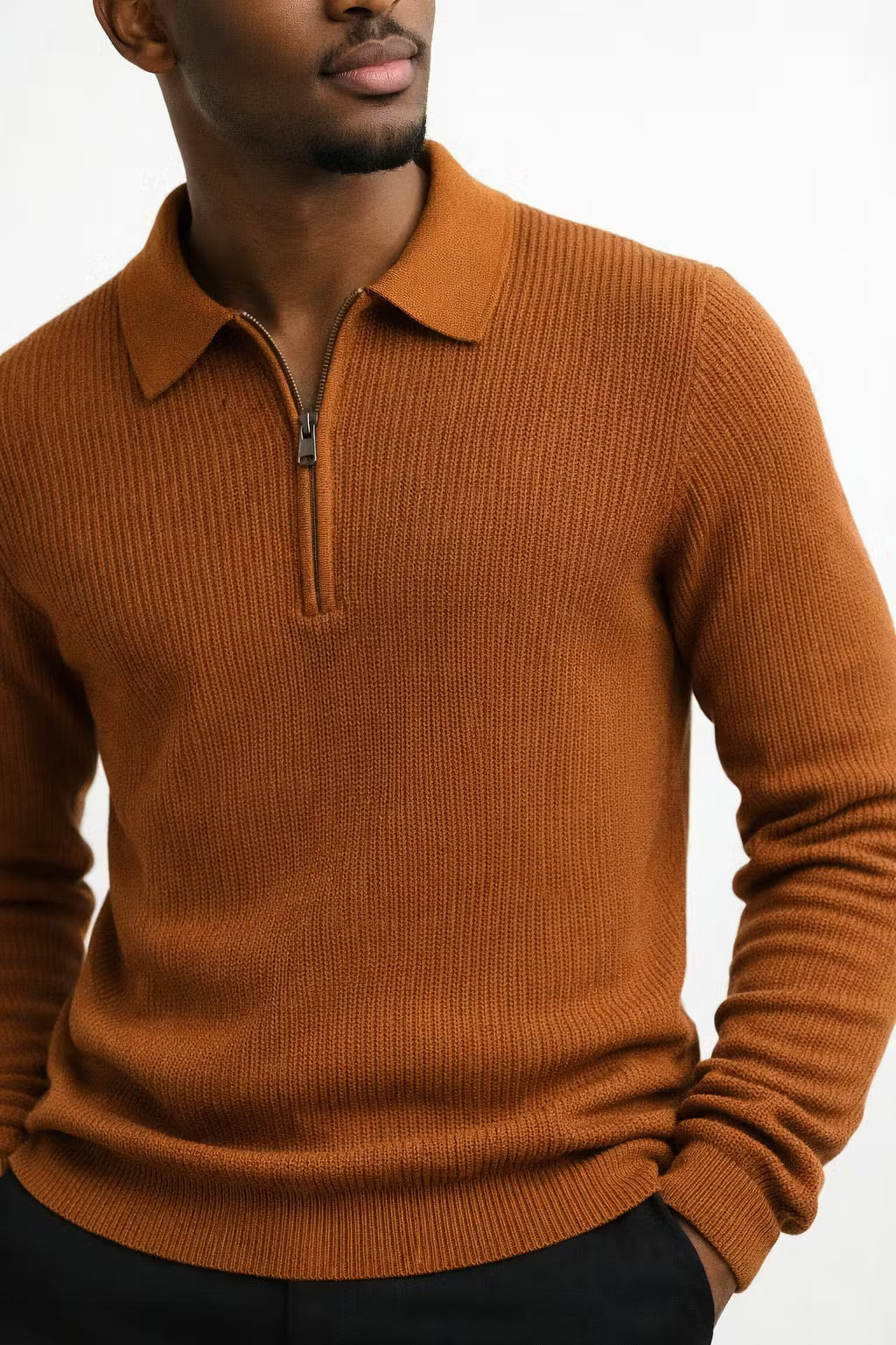 Waffle Knit Half-Zip Collared Sweater