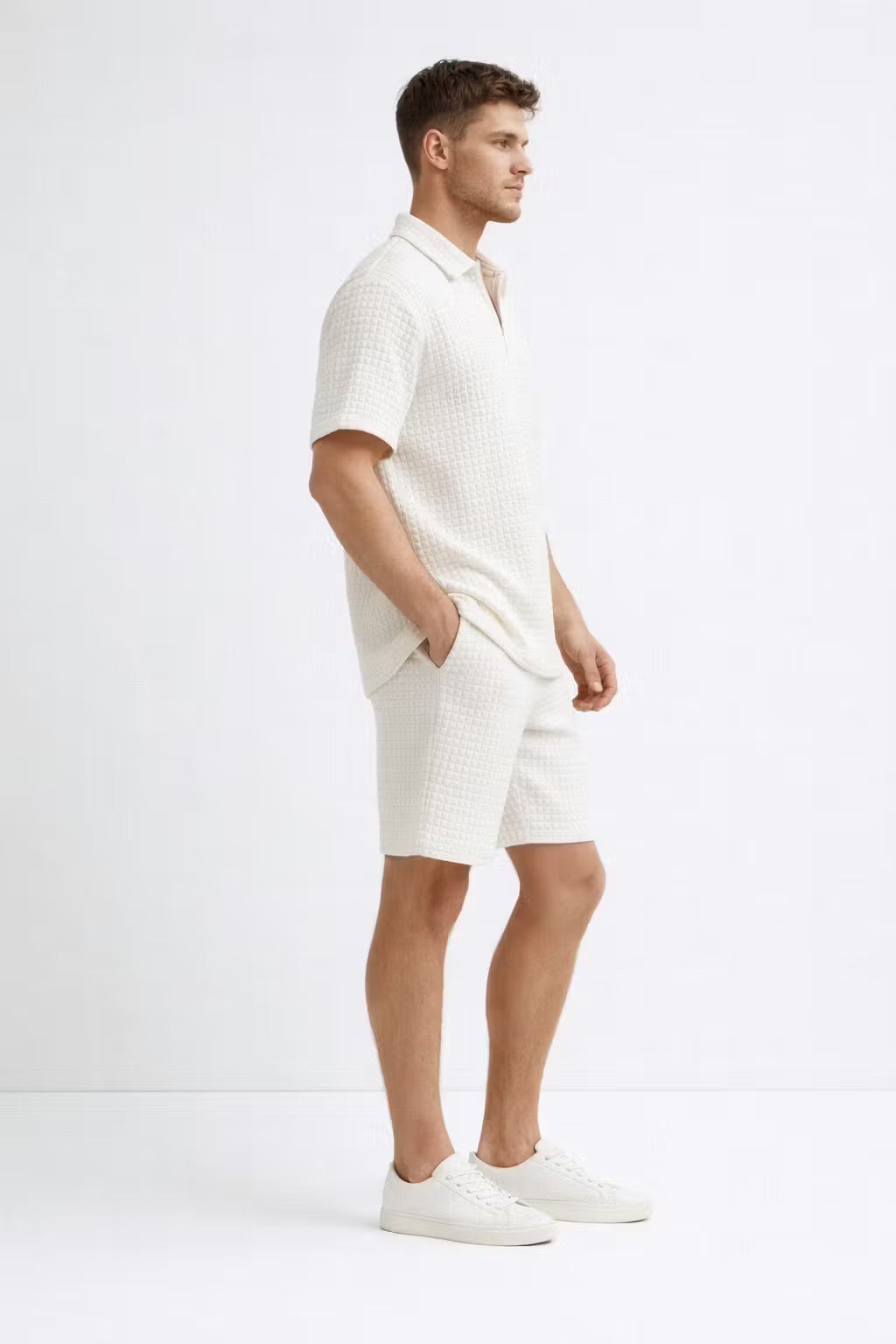 Grid Knit Cotton Monochromatic Short Set