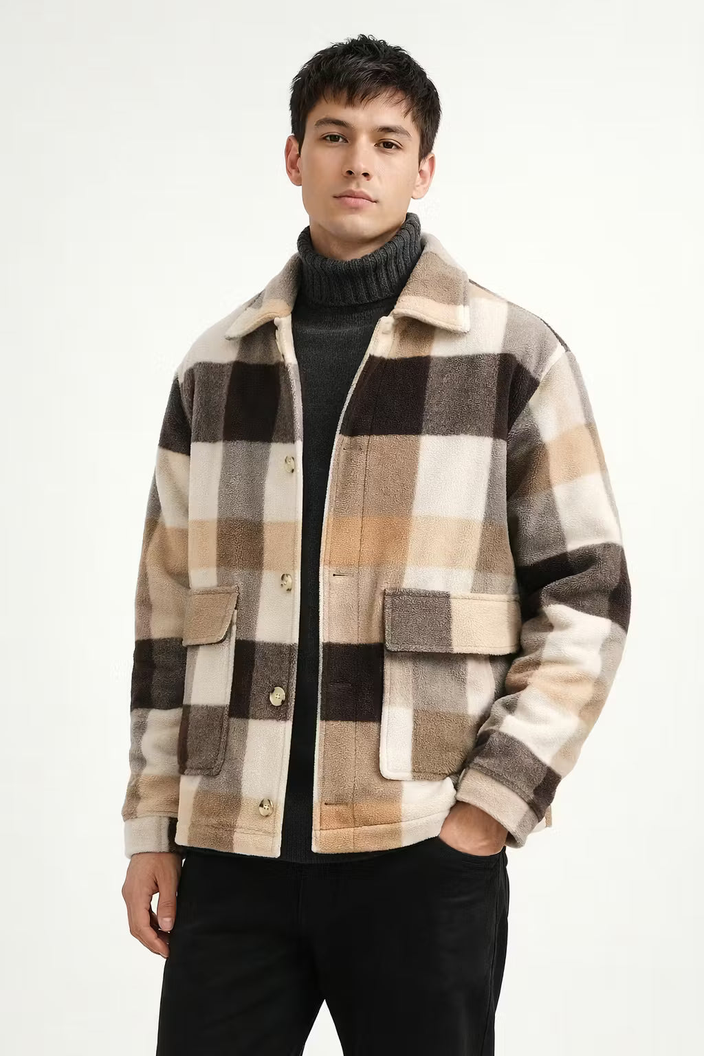 Check Pattern Wool Blend Overshirt Jacket