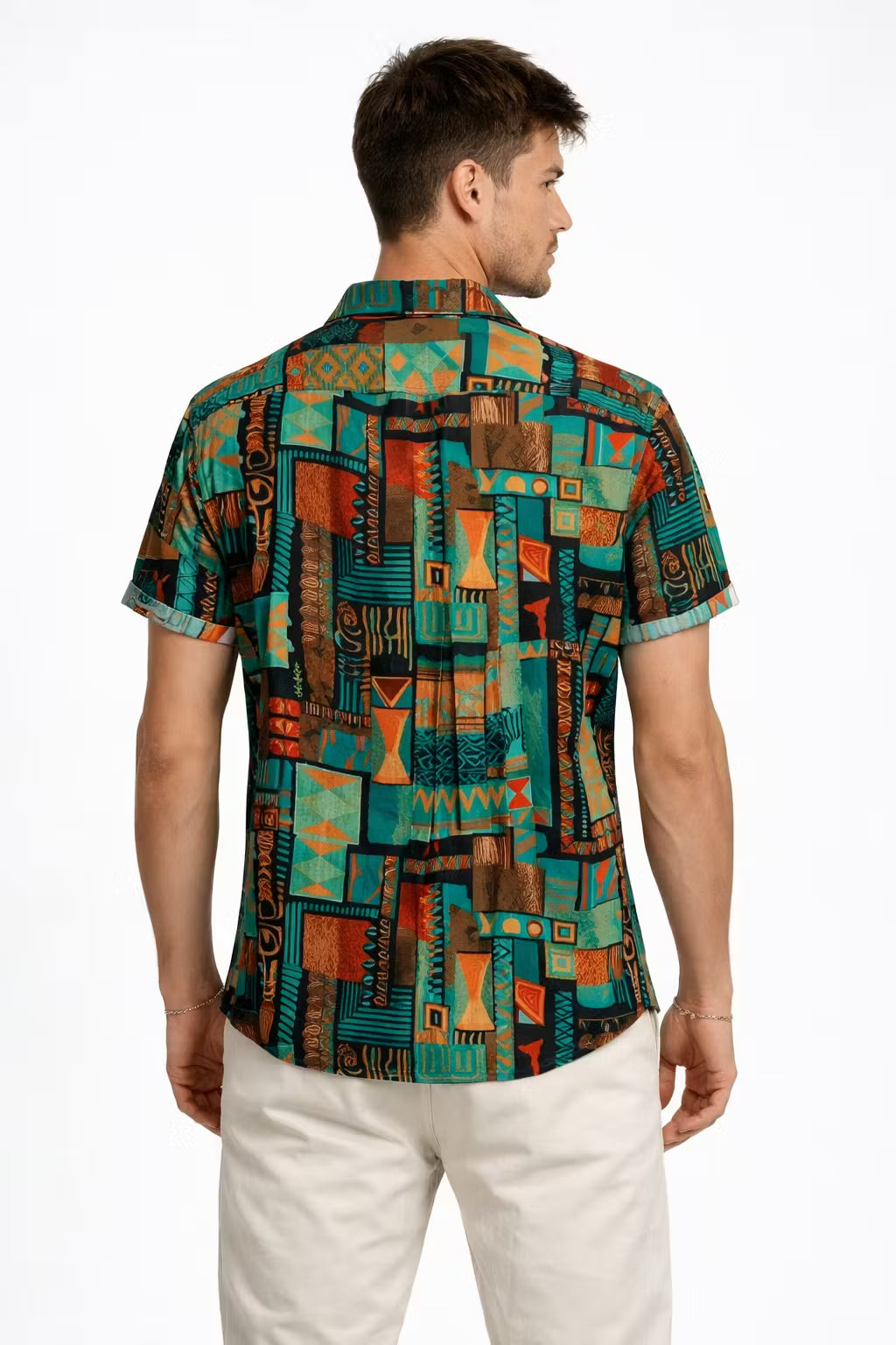 Geometric Tribal Print Short Sleeve Button Shirt