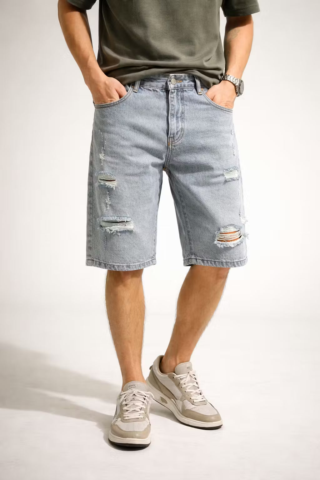 Distressed Light Wash Denim Shorts