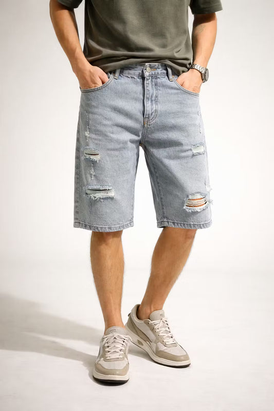 Distressed Light Wash Denim Shorts
