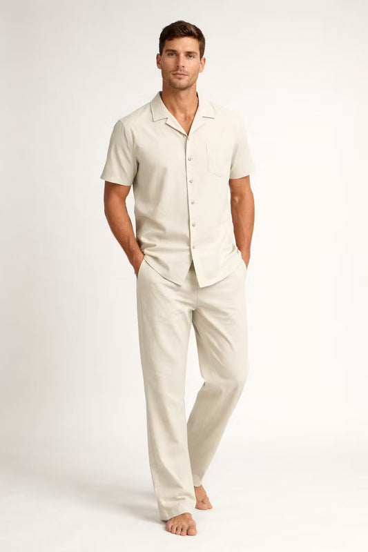 Textured Woven Short Sleeve Shirt and Wide Leg Trousers Set