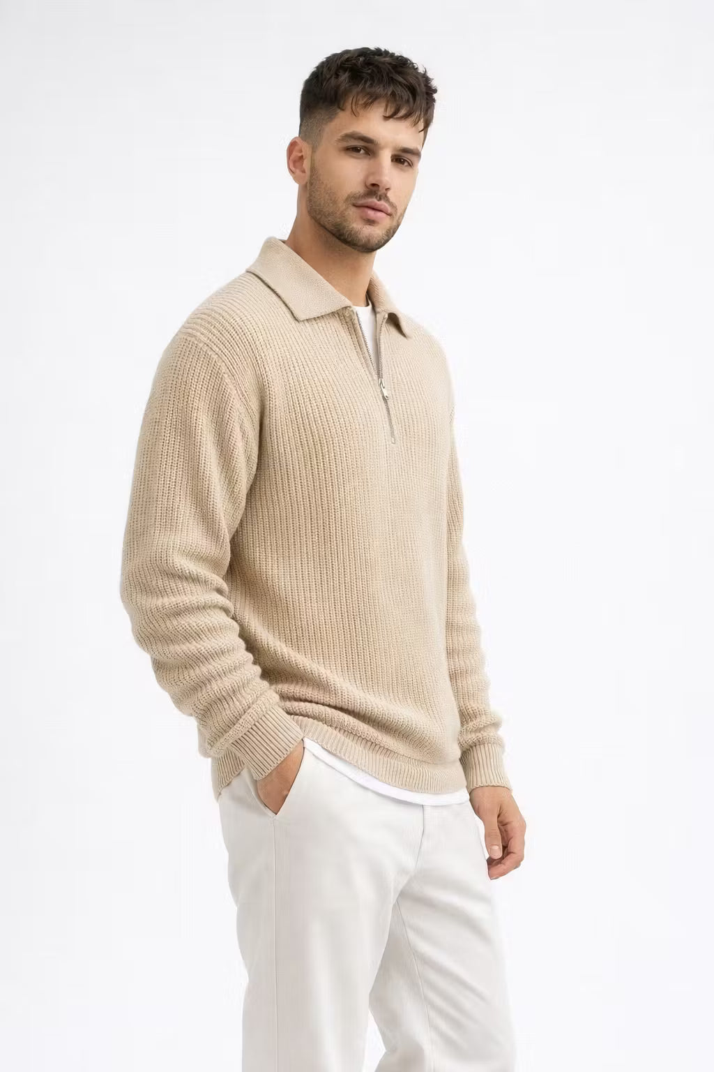 Rib Knit Half-Zip Collared Sweater