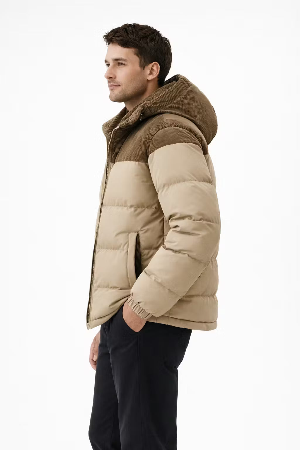 Corduroy Panel Cotton Filled Hooded Puffer Jacket