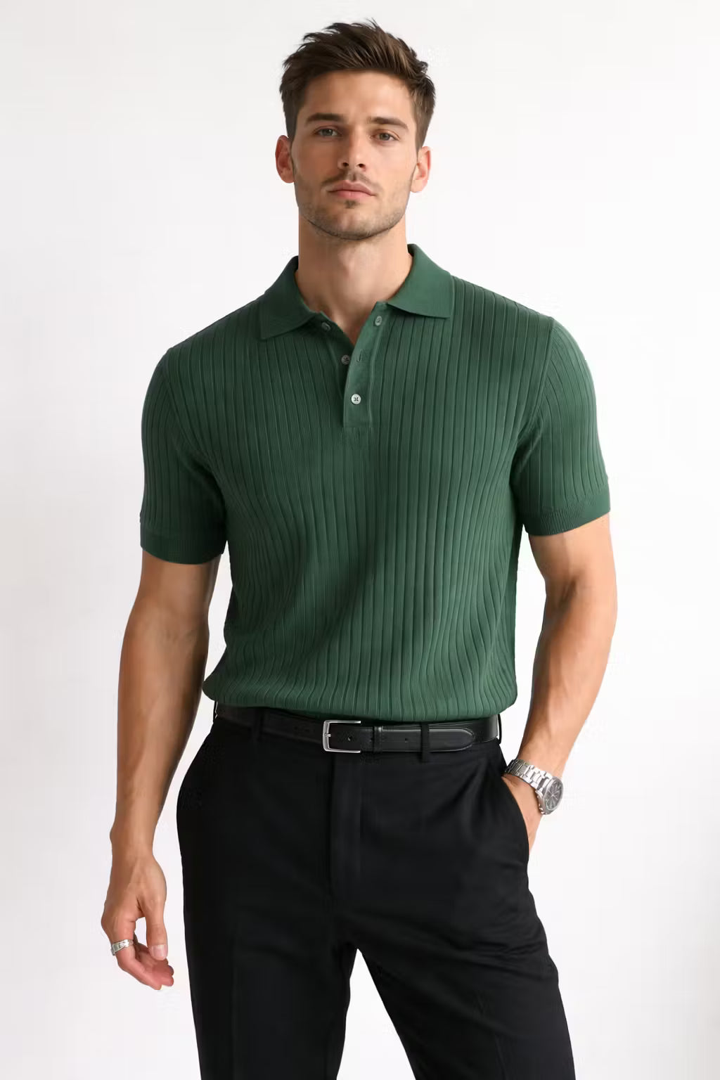 Ribbed Knit Short Sleeve Polo Shirt