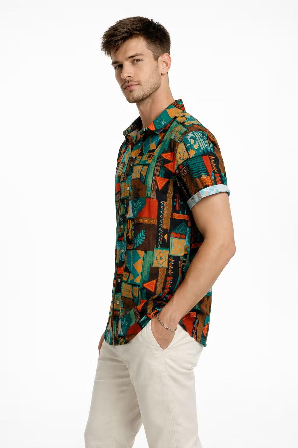 Geometric Tribal Print Short Sleeve Button Shirt