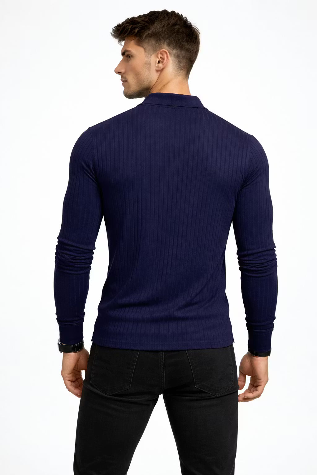 Ribbed Knit Long Sleeve Polo Shirt