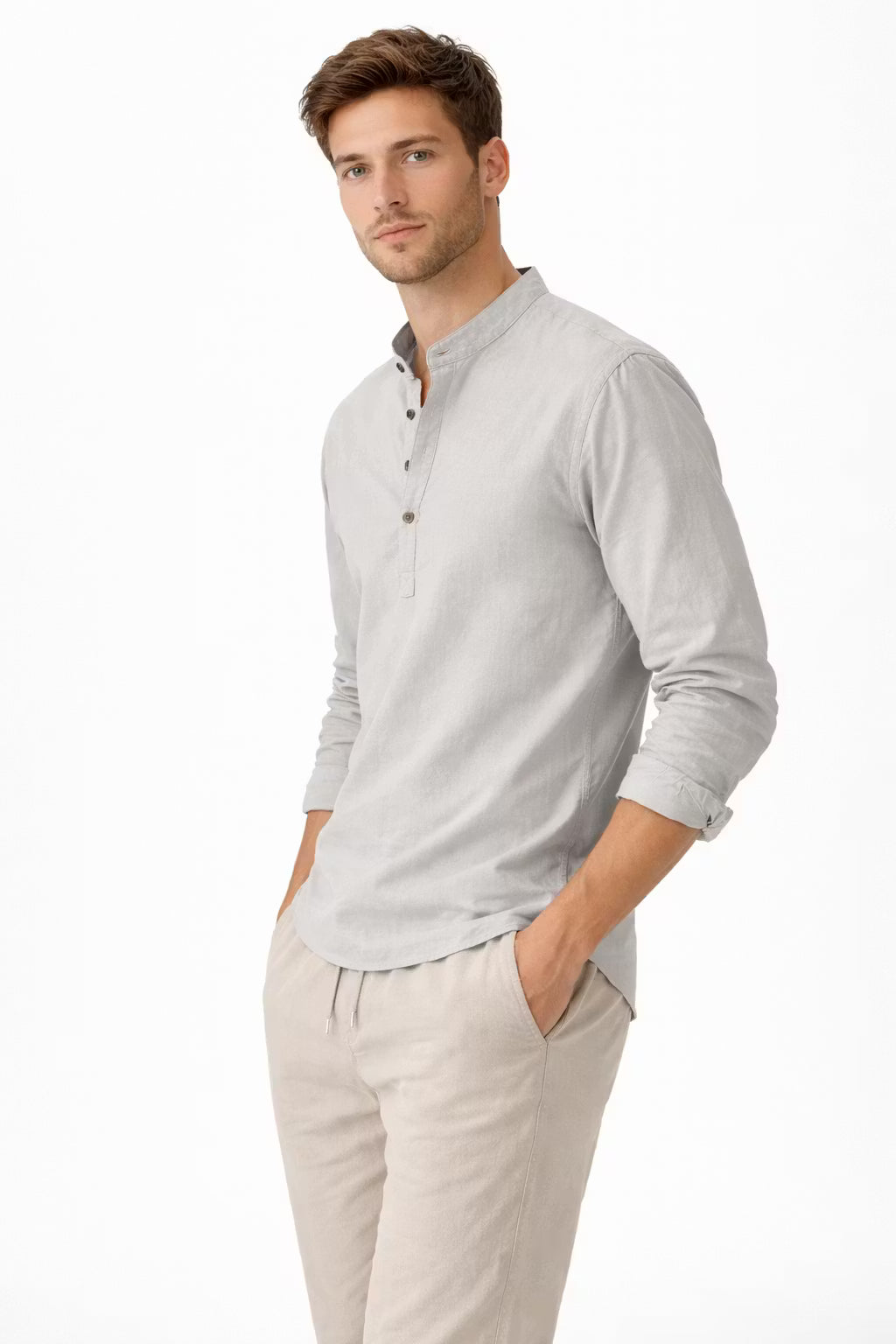 Men’s Linen Home Long Sleeve Henley Shirt