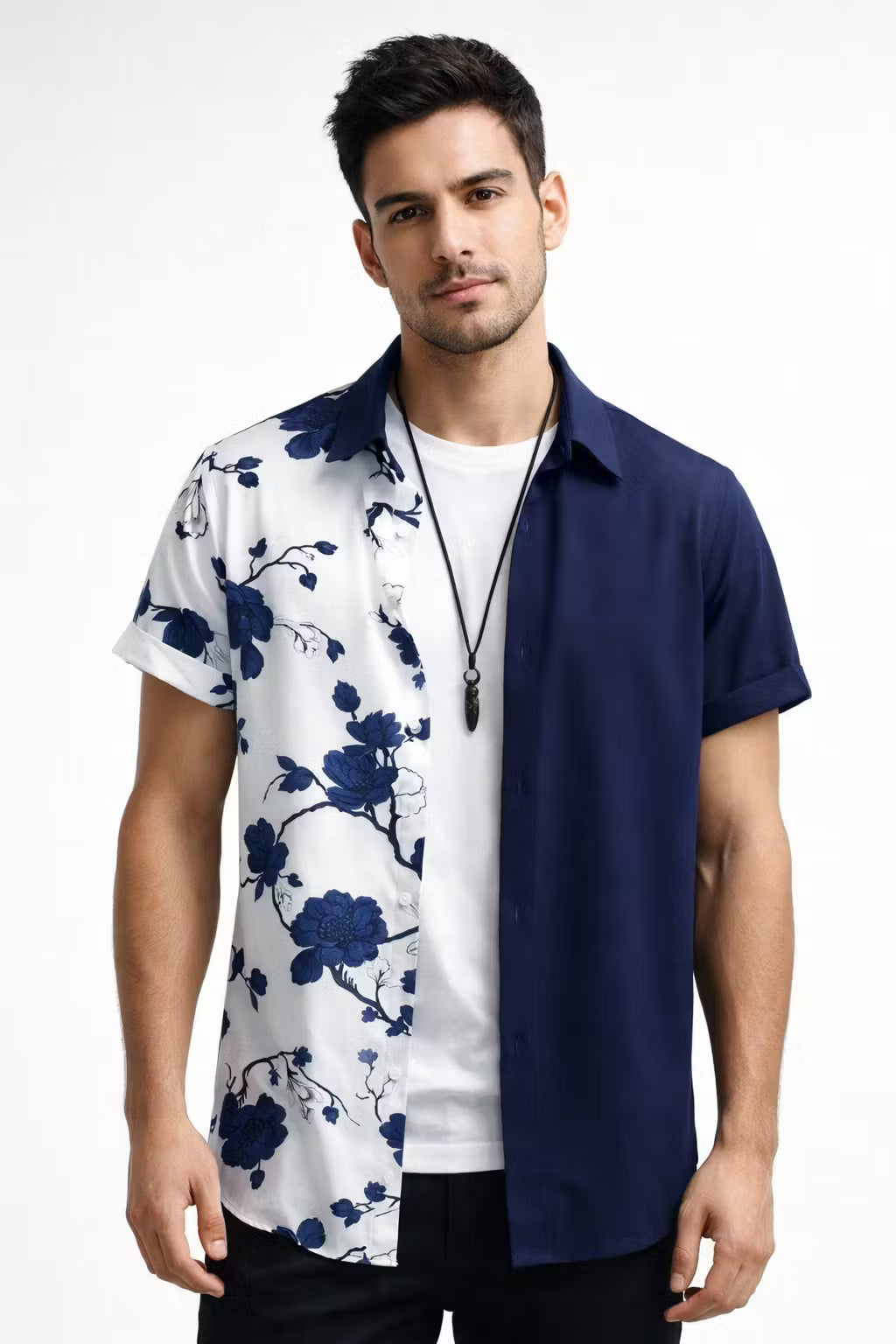 Dual Panel Floral Print Short Sleeve Button Shirt