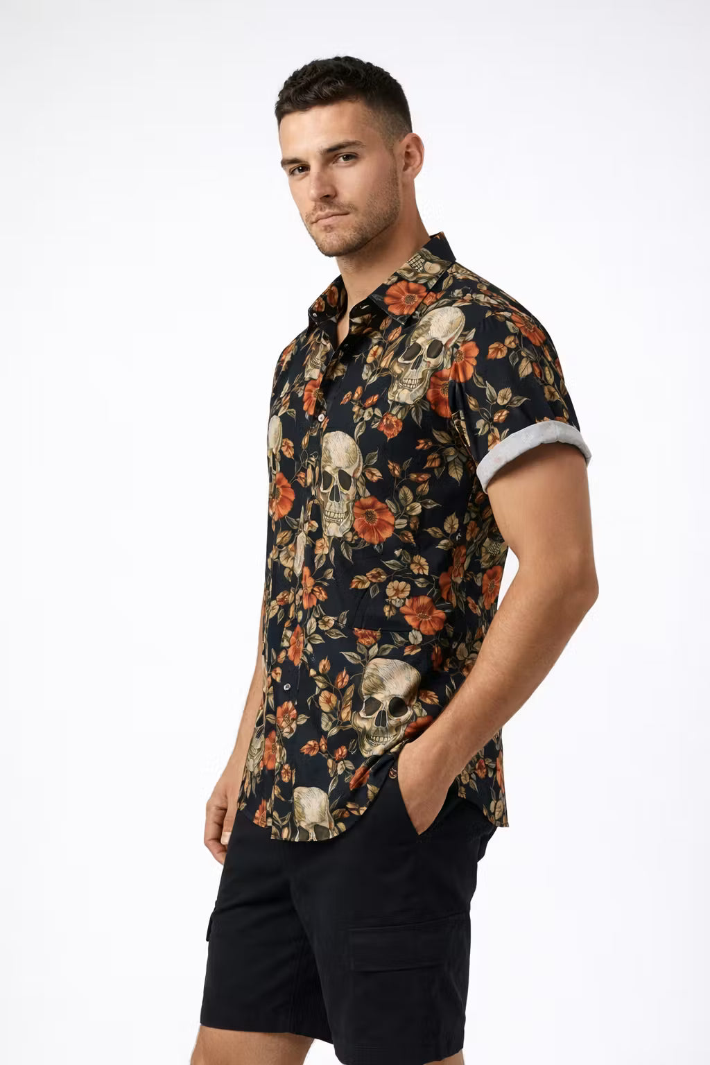 Floral Skull Print Short Sleeve Button Shirt