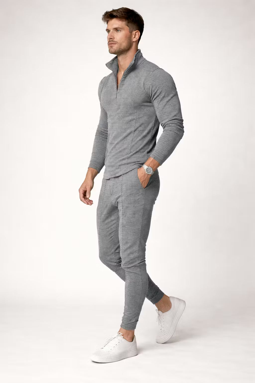 Textured Zip Collar Top and Tapered Trousers Set