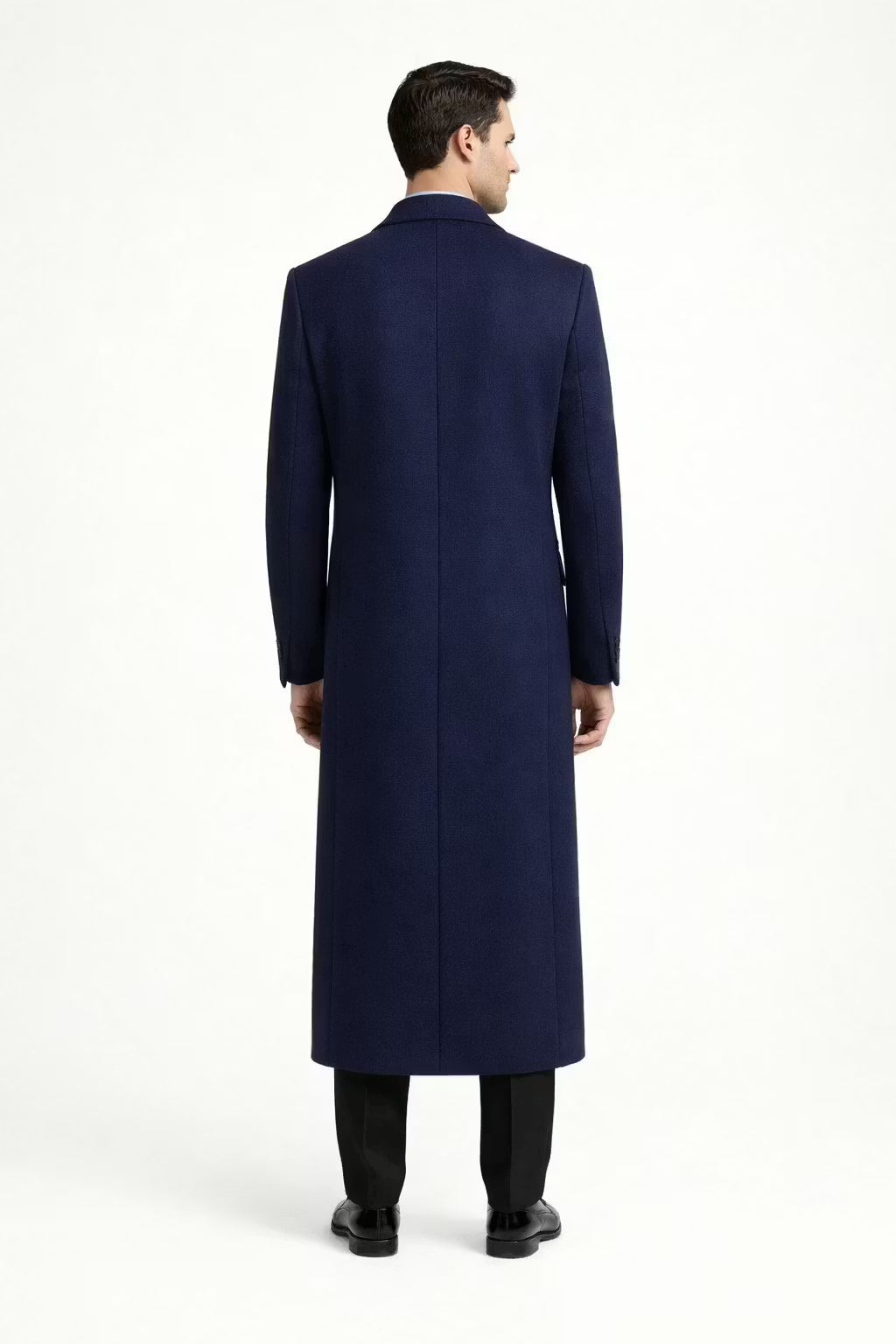 Men’s Navy Long Length Coat With Button Front Notched Collar