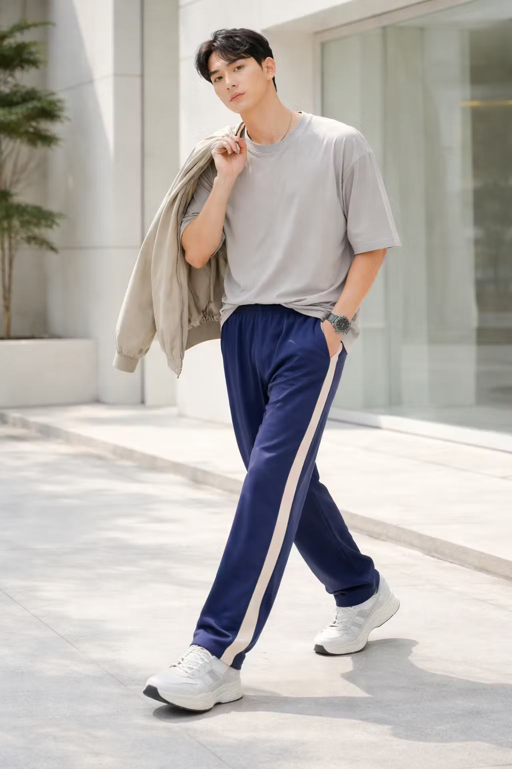 Side Stripe Wide-Leg Drawstring Trousers