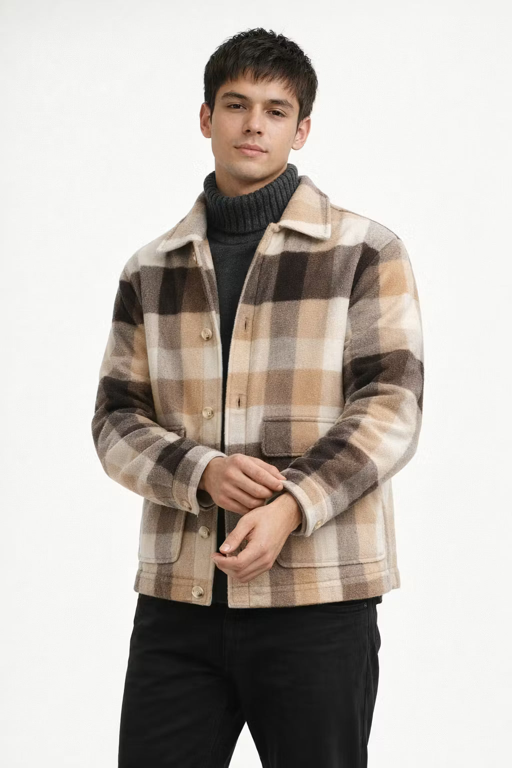 Check Pattern Wool Blend Overshirt Jacket