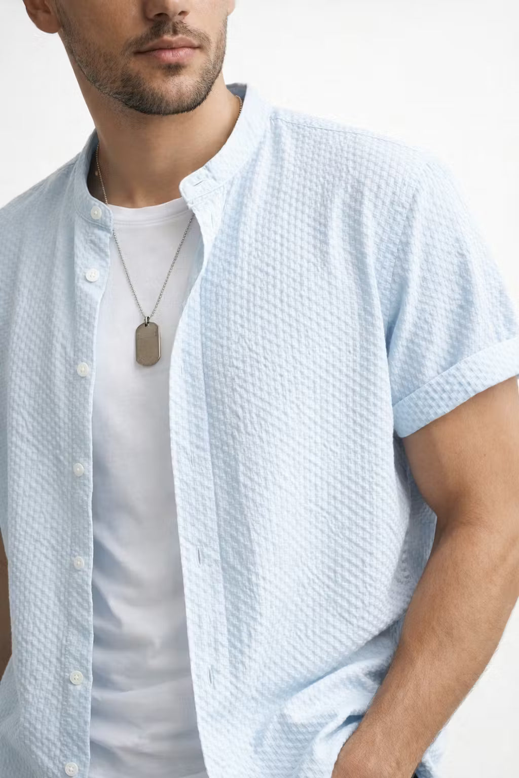 Textured Waffle Stand Collar Short Sleeve Shirt