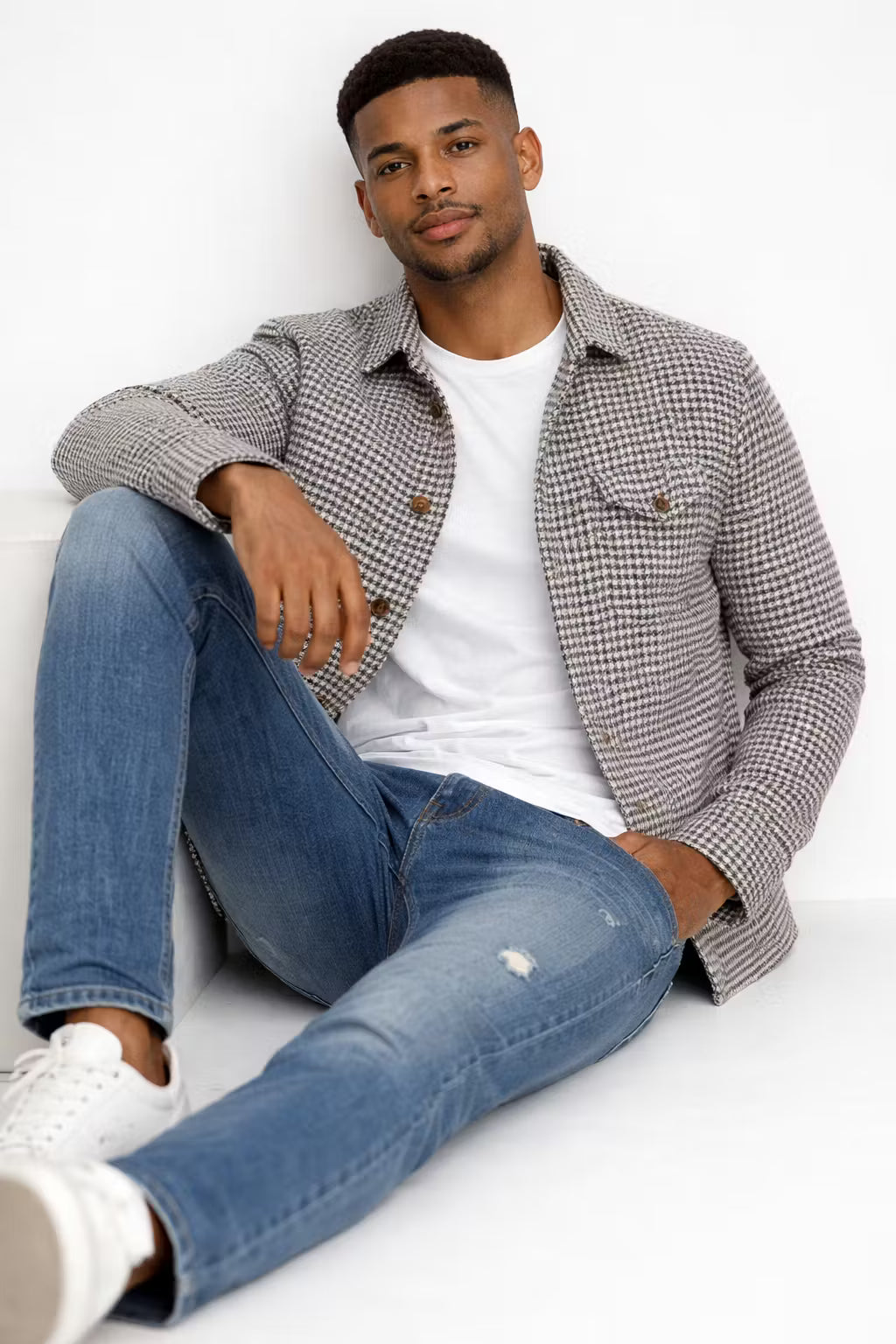 Textured Check Button Shirt Jacket