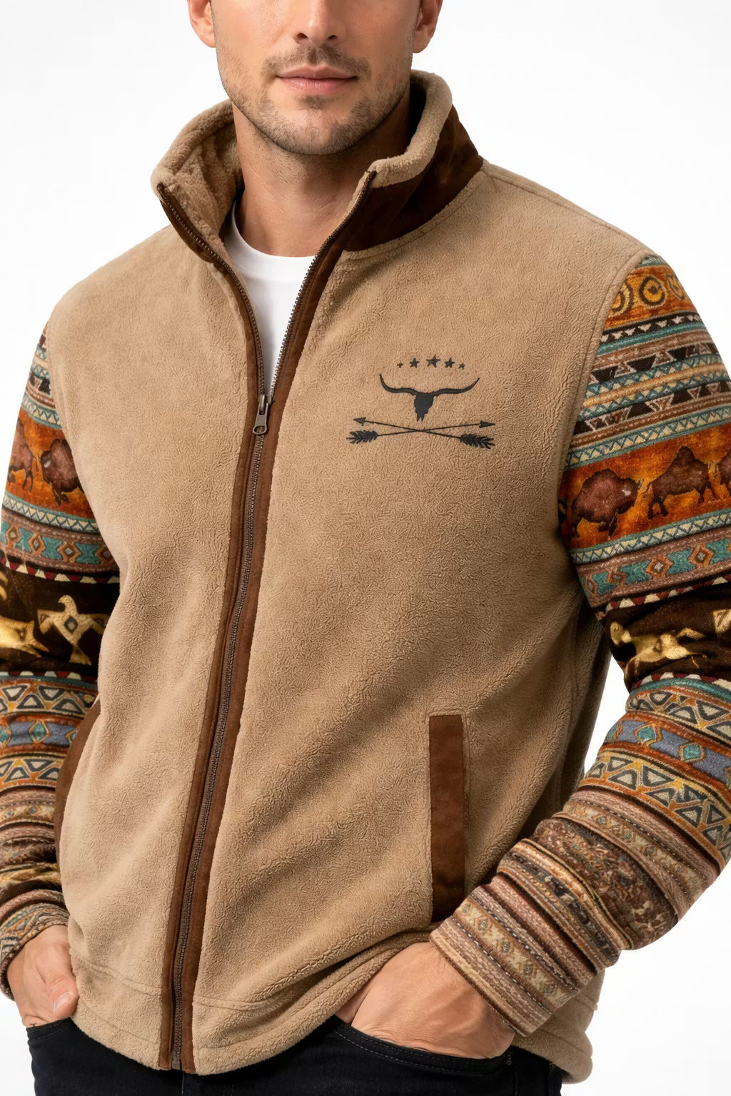 Men’s Fleece-Lined Zip Jacket With Patterned Sleeves