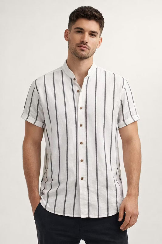 Vertical Stripe Stand Collar Short Sleeve Shirt - Set Option