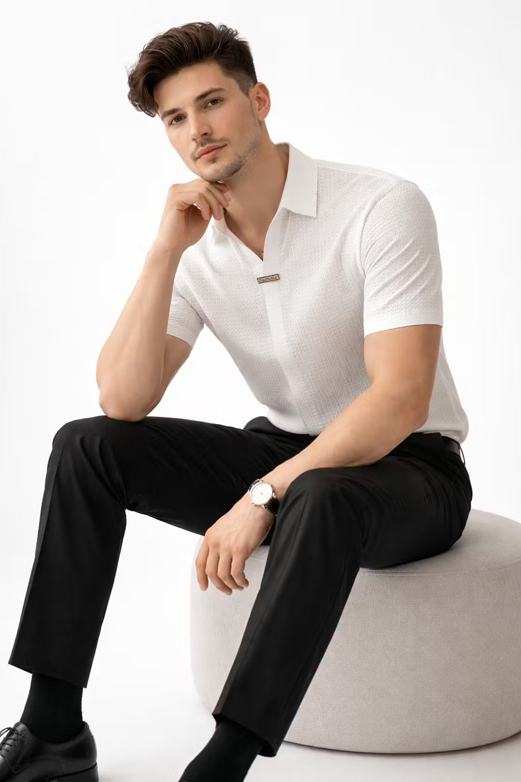 Stretch Waffle Pattern Polo Shirt