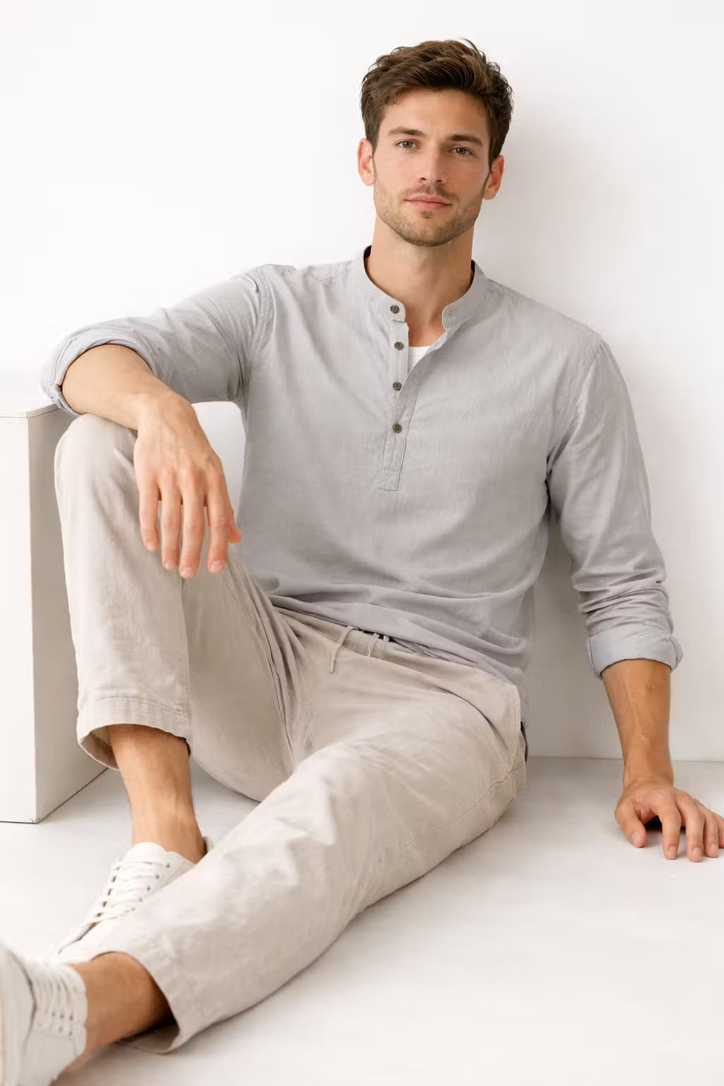 Men’s Linen Home Long Sleeve Henley Shirt