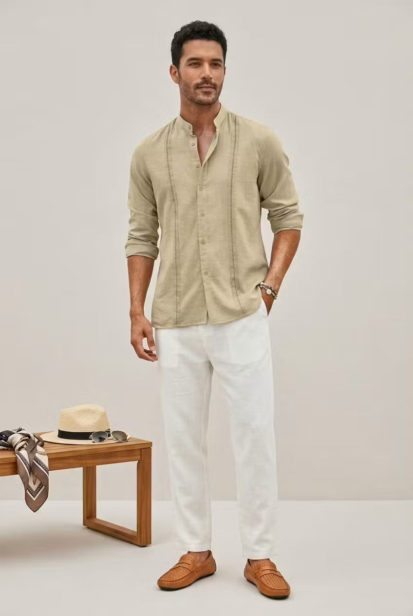 Textured Mandarin Collar Button Shirt