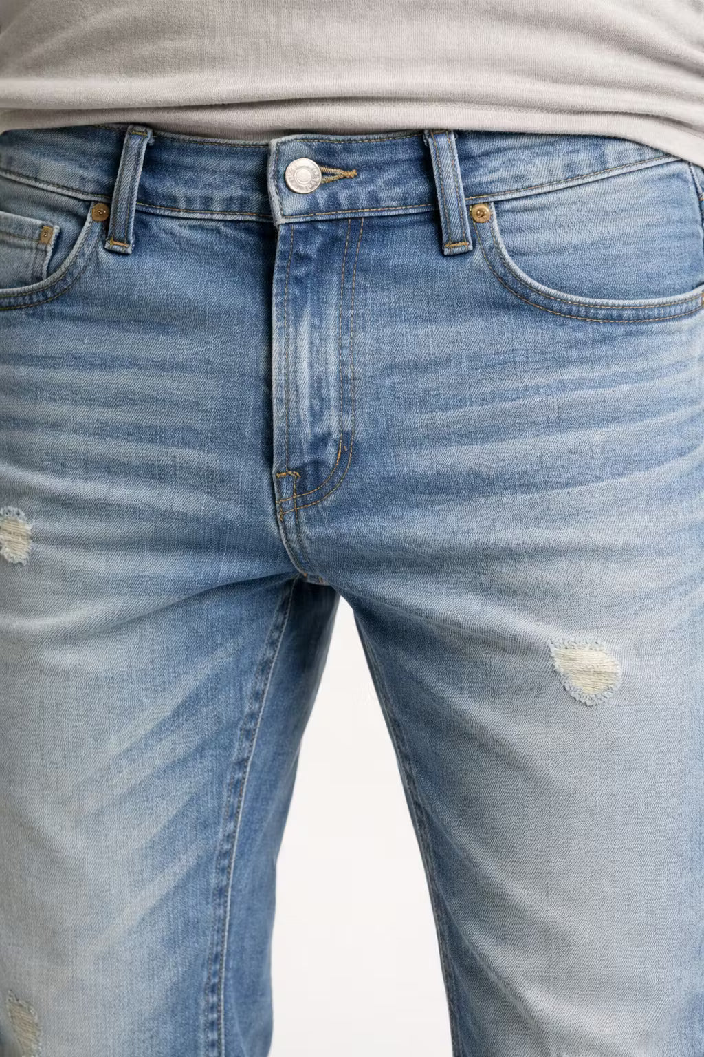 Men’s Distressed Denim Jeans With Straight Fit Button Fly And Worn Texture