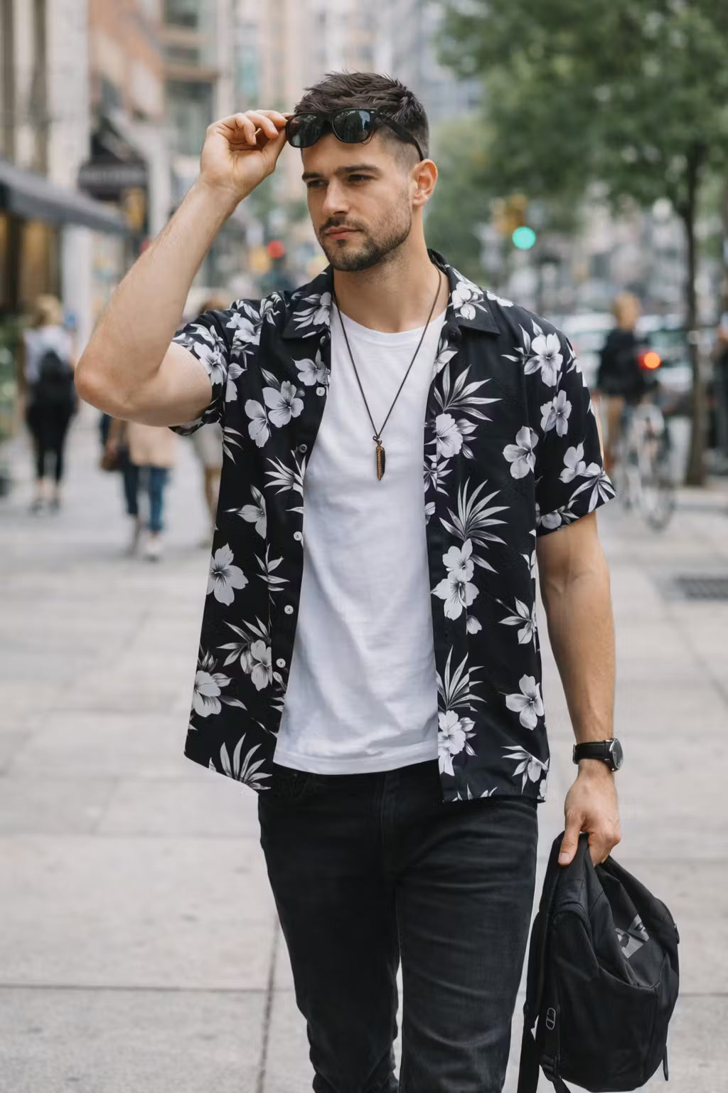 Monochrome Floral Print Short Sleeve Button Shirt