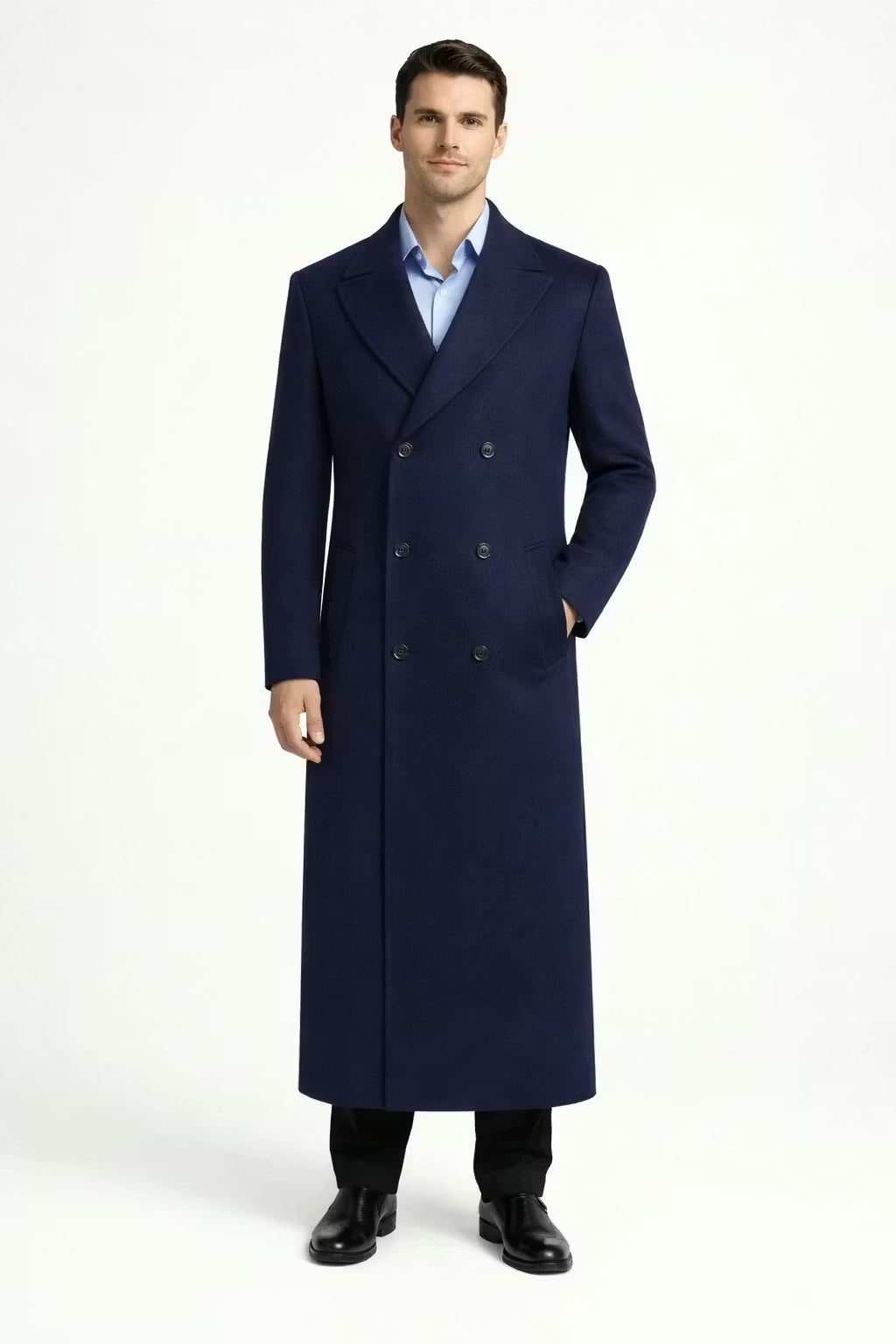 Men’s Navy Long Length Coat With Button Front Notched Collar
