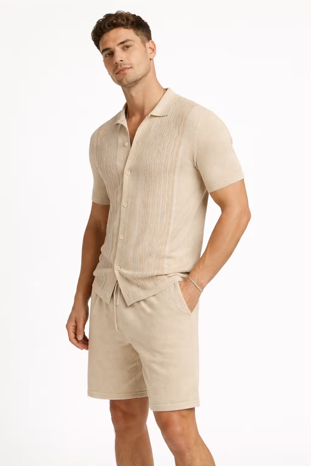 Vertical Stripe Textured Knit Button Shirt