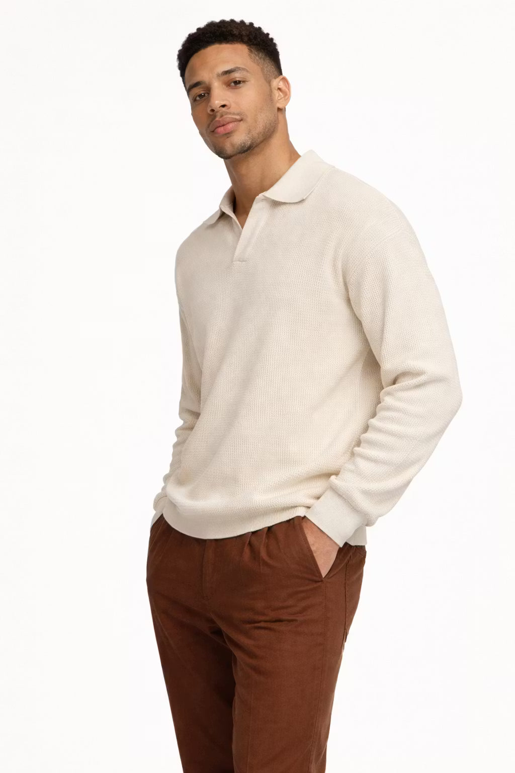 Textured Waffle Knit Johnny Collar Polo Sweater