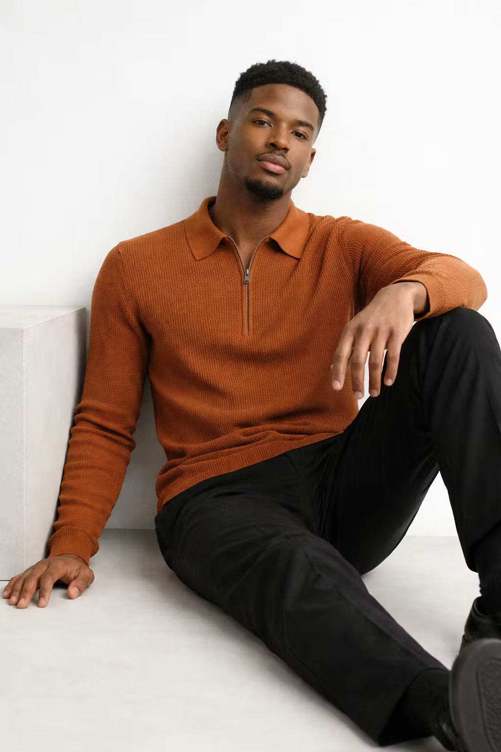 Waffle Knit Half-Zip Collared Sweater