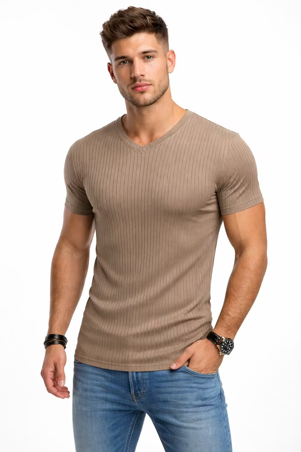 Ribbed Knit V-Neck T-Shirt