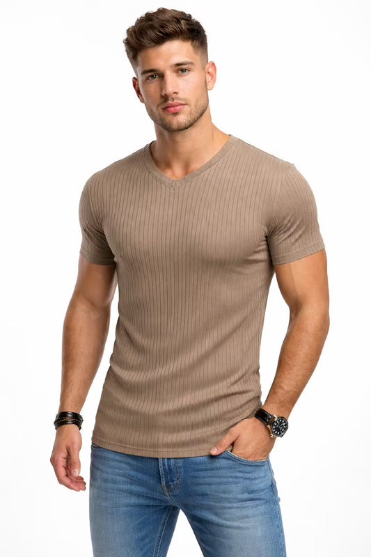 Ribbel T-shirt met V-hals