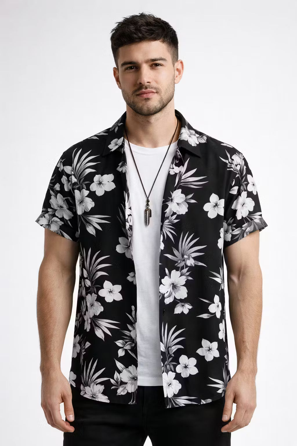 Monochrome Floral Print Short Sleeve Button Shirt