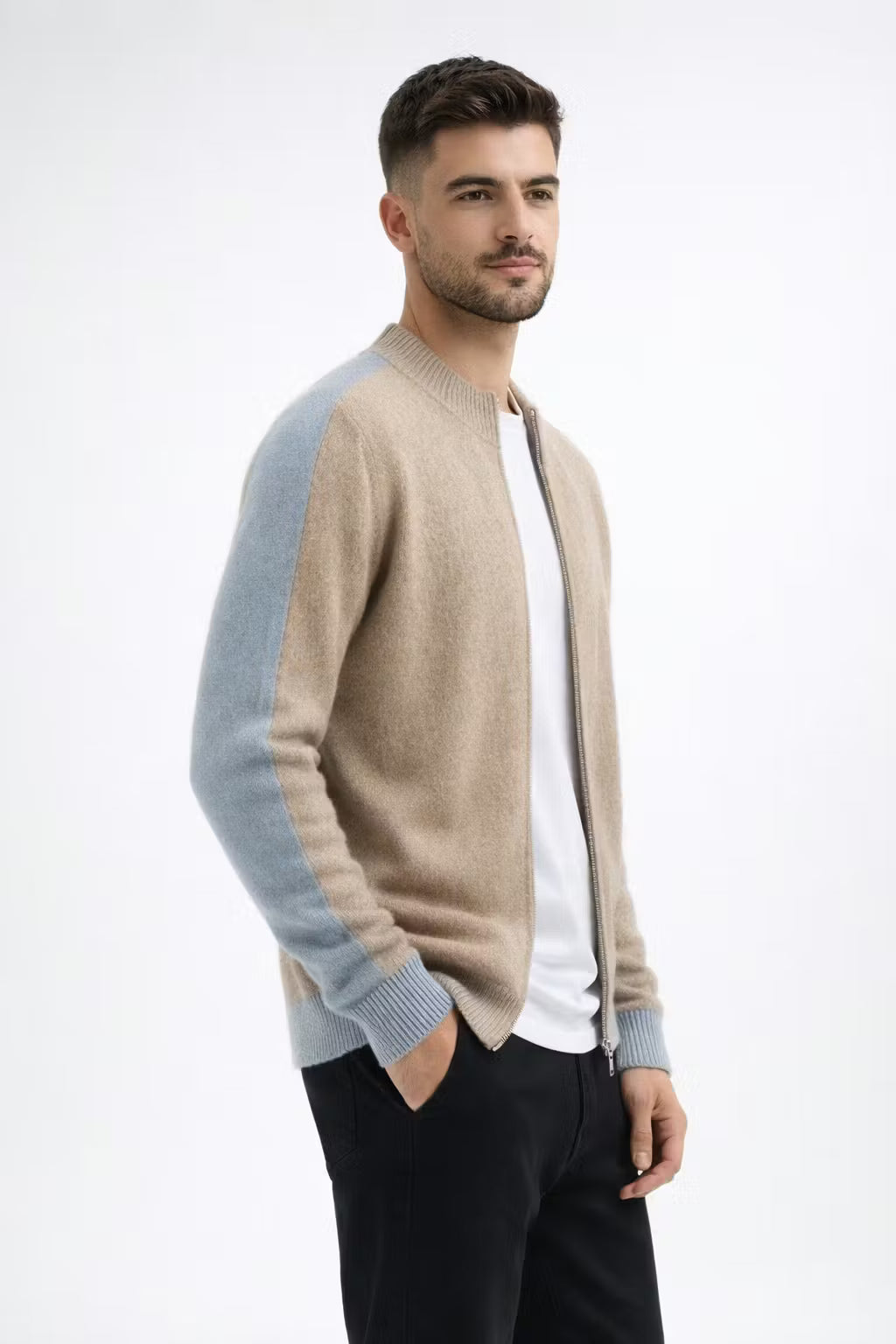 Contrast Trim Zip-Up Knit Cardigan