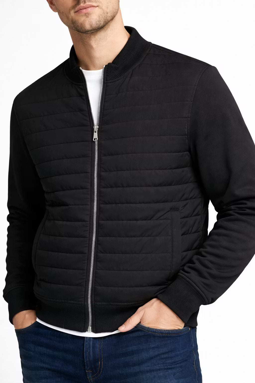 Quilted Stand Collar Zip Jacket with Standard Sleeves
