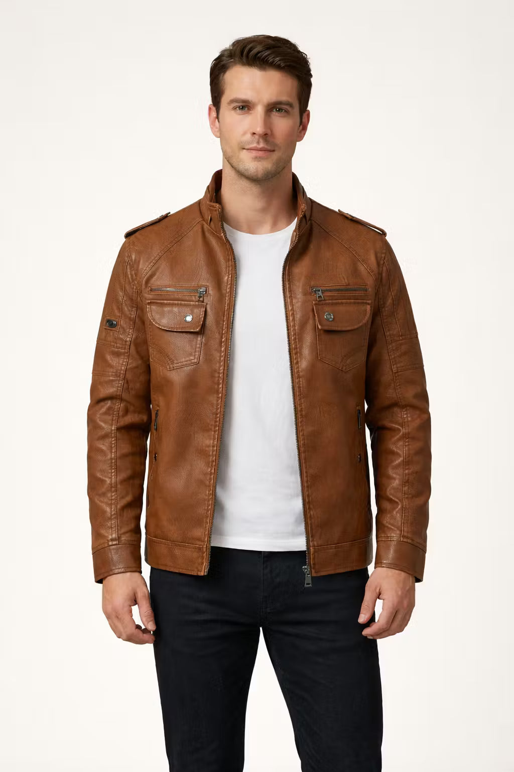 Men’s Brown Coated Textile Field Zip Jacket with Multi Pocket Design