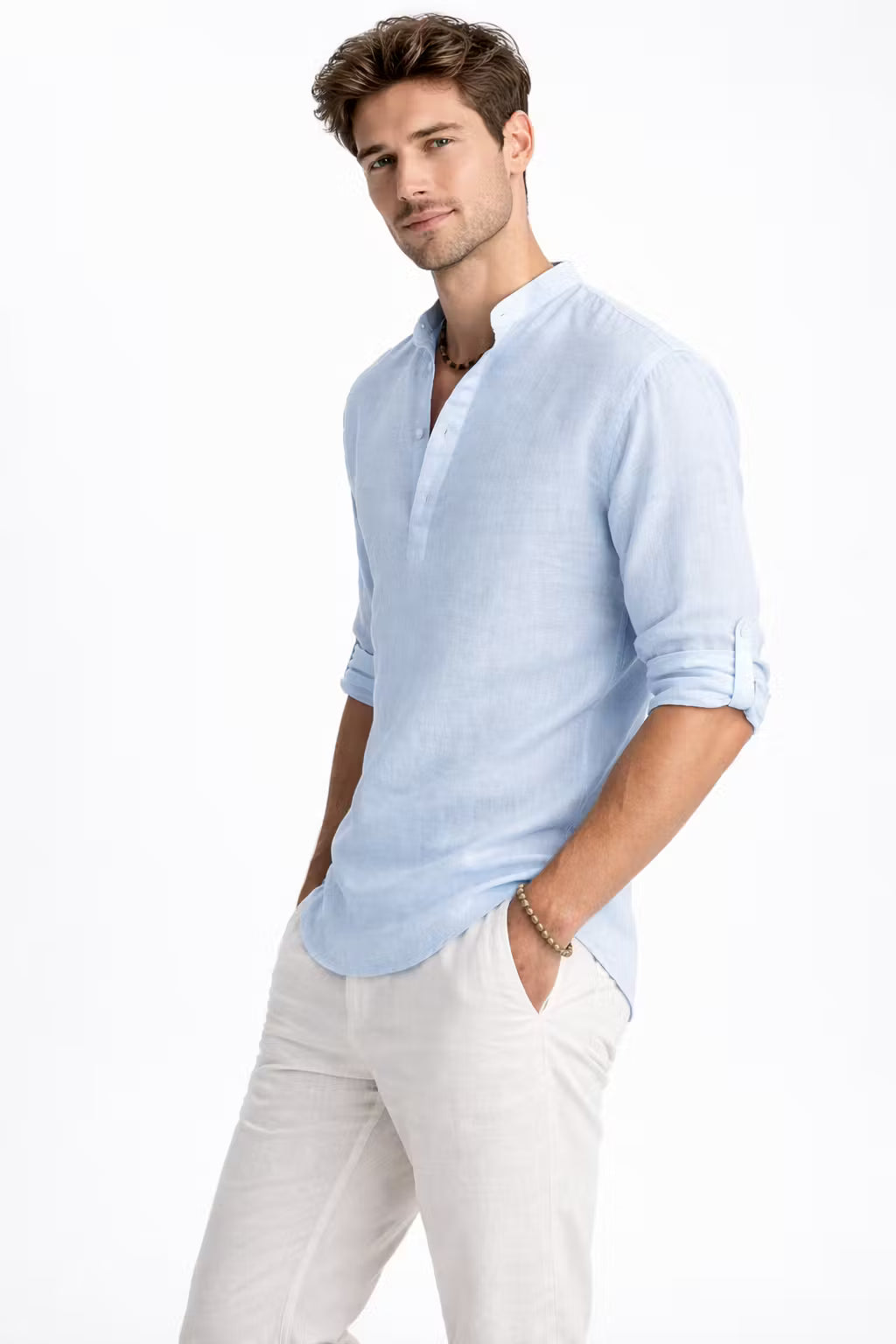 Textured Linen-Blend Half Placket Shirt