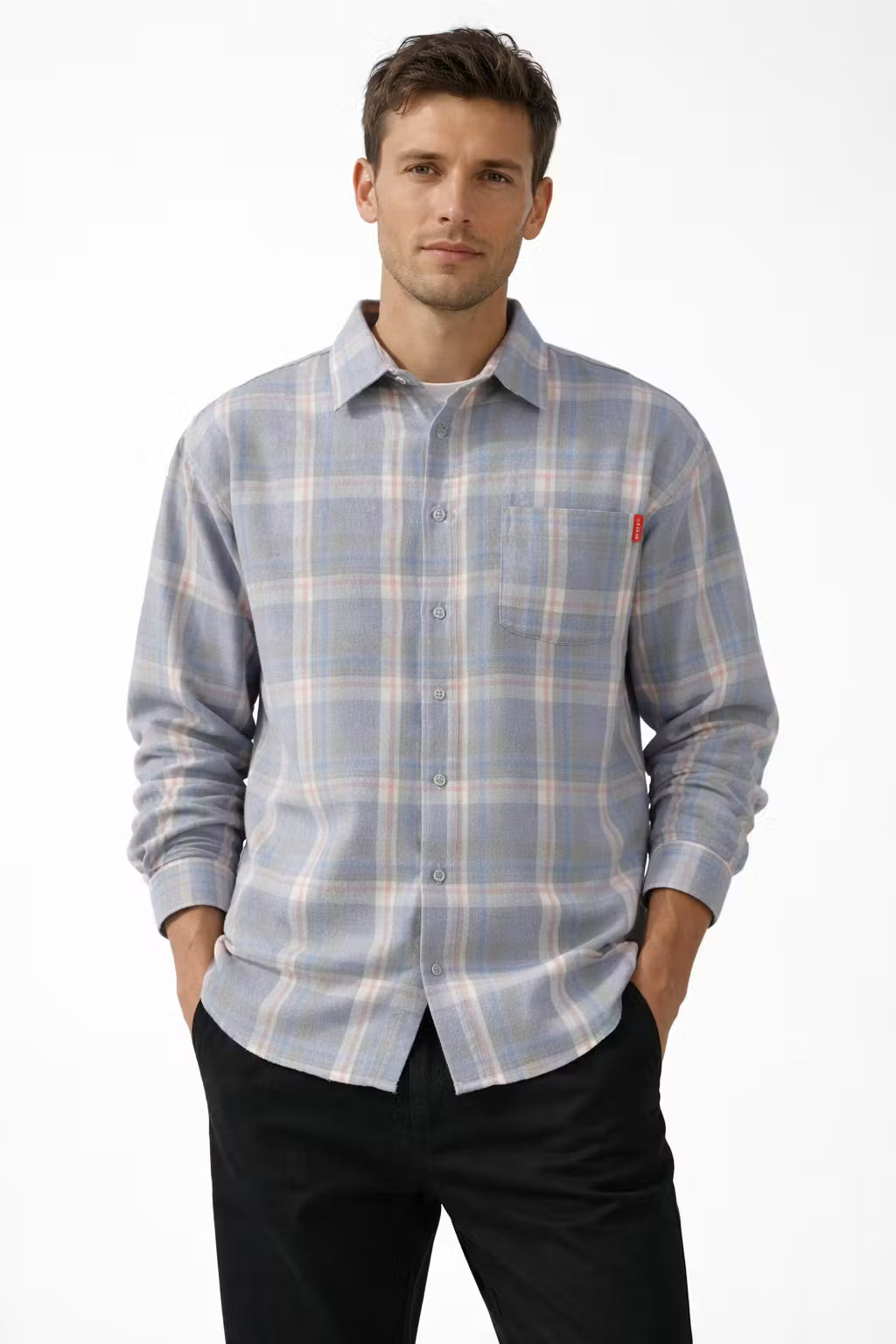 Men’s Light Plaid Long Sleeve Button Up