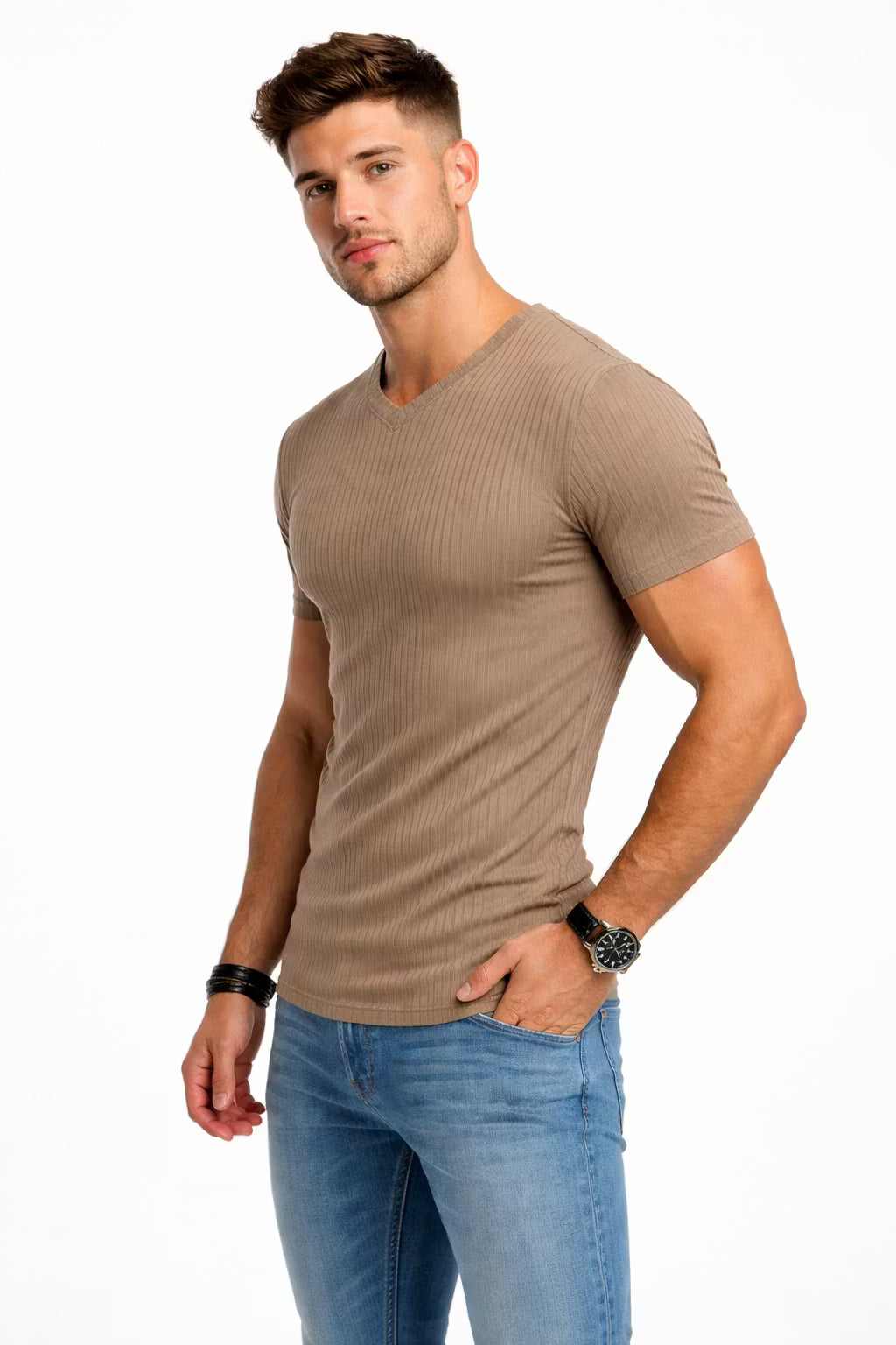 Ribbed Knit V-Neck T-Shirt
