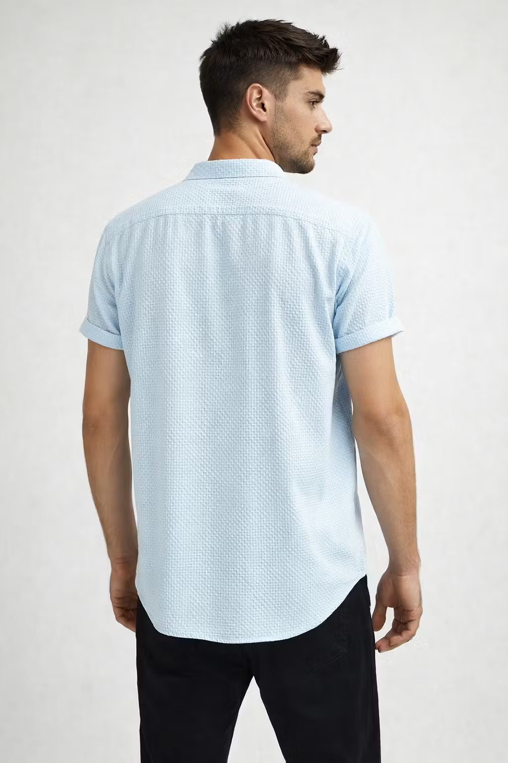 Textured Waffle Stand Collar Short Sleeve Shirt