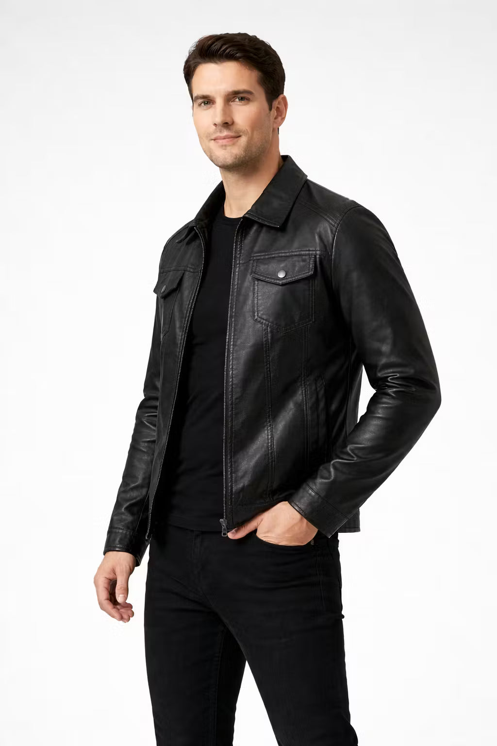 Men’s Black Coated Textile Zip Jacket with Structured Panel