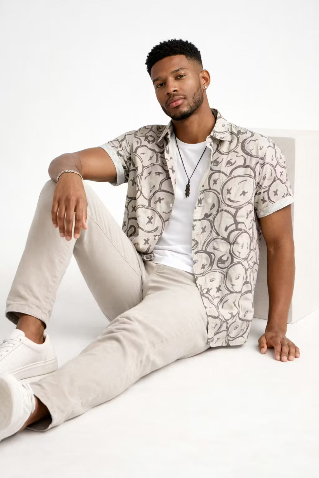 Graphic Smiley Print Short Sleeve Button Shirt