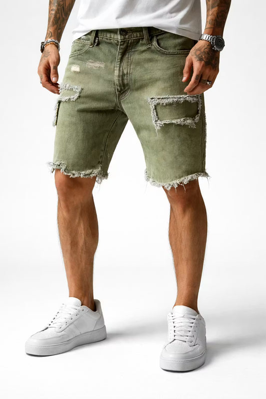 Men’s Denim Shorts With Straight Fit Worn Texture And Frayed Hem