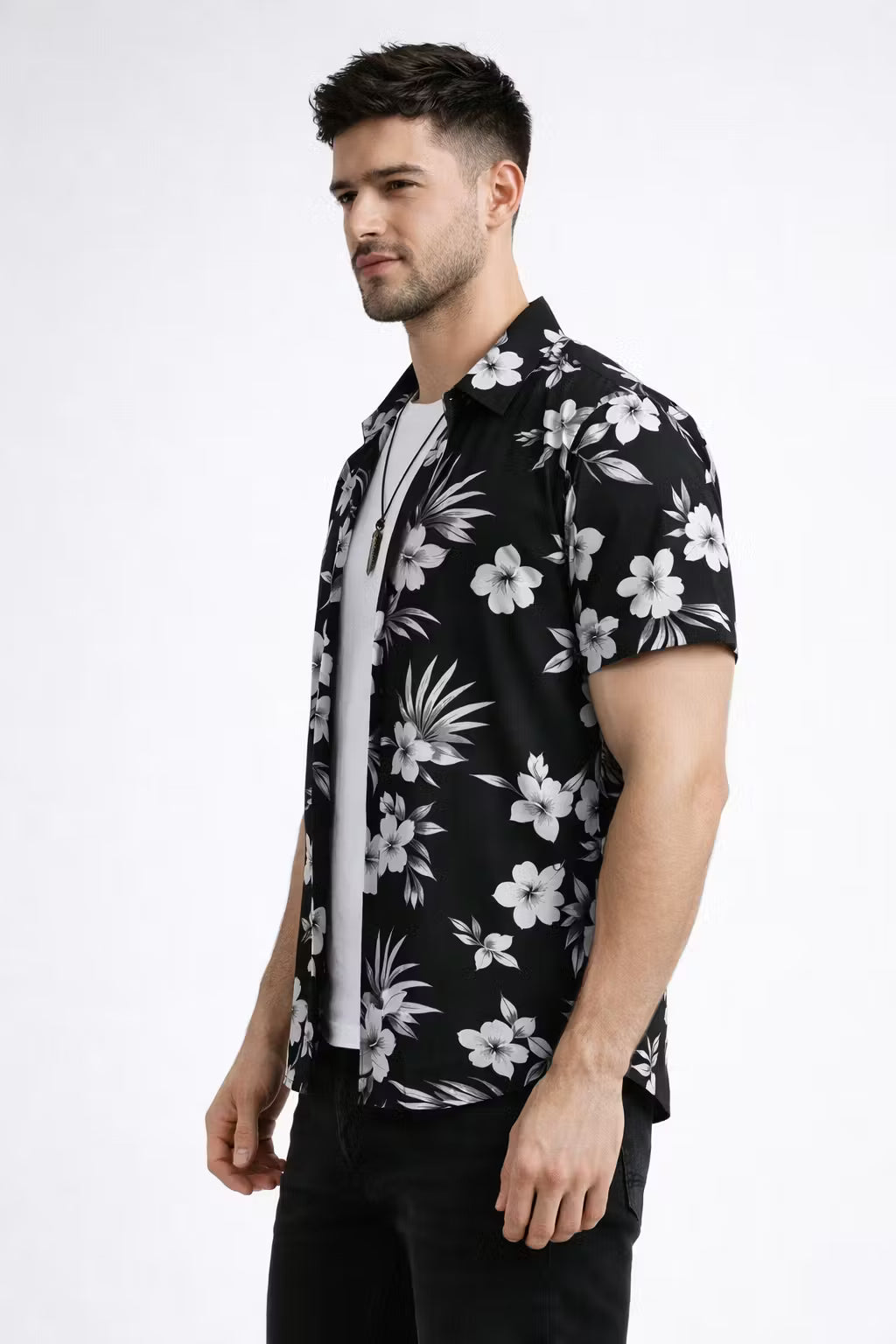 Monochrome Floral Print Short Sleeve Button Shirt