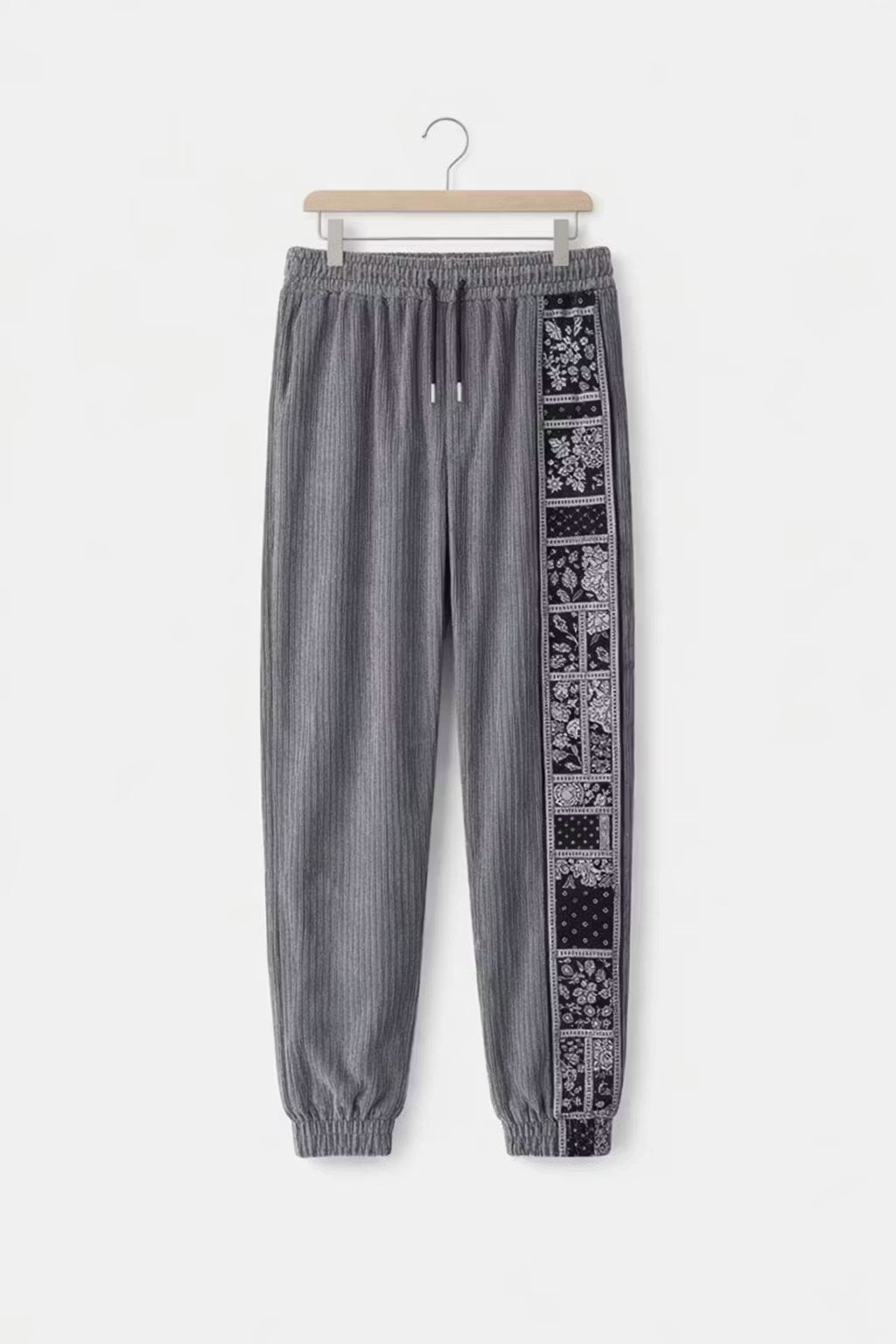 Textured Corduroy Drawstring Trousers with Pattern Panel