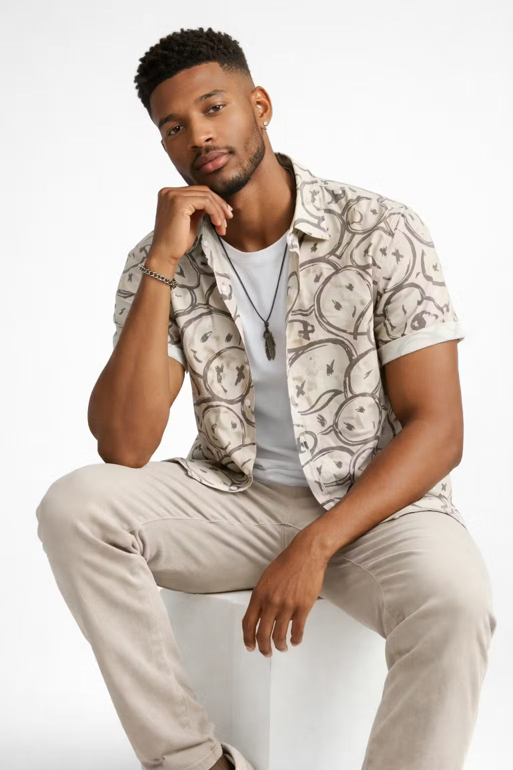 Graphic Smiley Print Short Sleeve Button Shirt